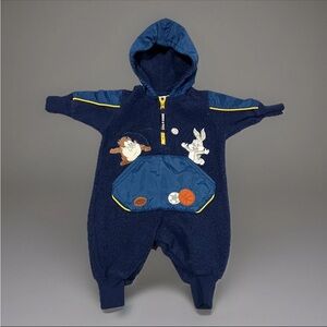 Vtg 90s Warner Bros Unisex Kid Blue Fleece Bugs & Taz Kangaroo Pouch Jumpsuit 3M